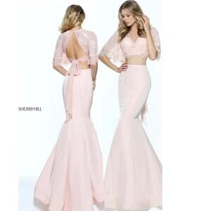 Sherri Hill Blush Two-Piece Bell Sleeve Gown 8